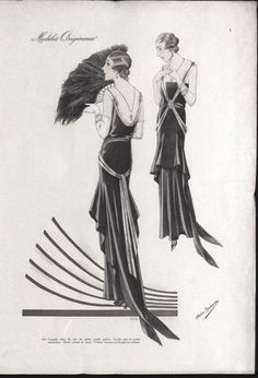 two women in evening gowns, one with long hair and the other with large feathers