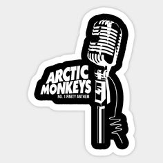 the arctic monkeys sticker is black and white with an image of a man holding a microphone