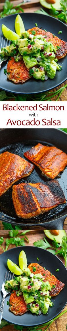 grilled salmon with avocado salsa on a black plate