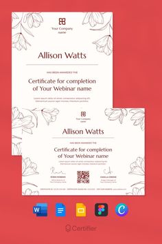 two certificates on top of each other in front of a red background with white flowers