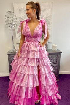 Tiered Prom Dress, Bow Straps, Tulle Balls, Prom Queens, Tulle Ball Gown, Pink Gowns, Pleated Bodice, Pink Sparkle, Pink Tie