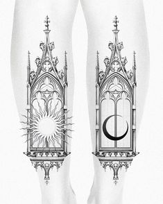 the legs of a person with tattoos on them and an image of a clock tower