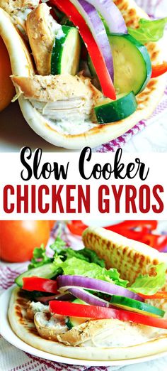 this slow cooker chicken gyros is loaded with fresh vegetables and meats