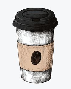 a drawing of a coffee cup with a black lid and brown paper on the bottom