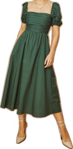 Casual Midi Dress With Gathered Skirt For Daywear, Voluminous Skirt Midi Dress With Short Sleeves, Voluminous Skirt Midi Dress For Daywear, Fall Dresses With Gathered Skirt, Solid A-line Midi Dress With Ruched Details, Casual Dress With Gathered Skirt, Green Dress With Pleated Waist, Midi Length Dresses With Gathered Waist, Casual Ruched Midi Dress For Work