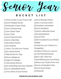 a printable list for the new year's bucket list with text that reads, senior year bucket list