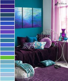 a bedroom with purple and blue colors in it