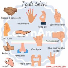 different types of hands with the words i gesti italian