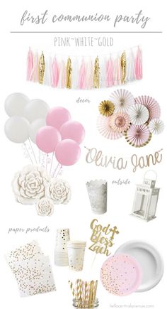 pink and gold party supplies including balloons, paper plates, napkins, cupcakes and