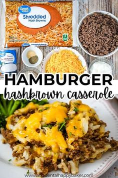 hamburger hashbrown casserole on a plate with shredded cheese and other ingredients