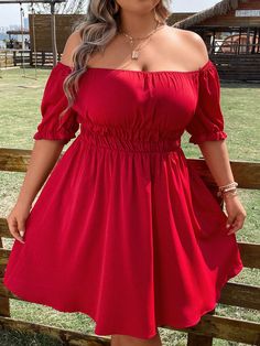 Red Casual Collar Half Sleeve Woven Fabric Plain A Line Embellished Non-Stretch  Women Plus Clothing Red Summer Dress Outfit, Vestidos Curvy, Red Dress Outfit Casual, Ruched Bust Dress, Simple Red Dress, Plus Size Sundress, Red Dress Casual, Bust Dress, Sewing Projects Clothes