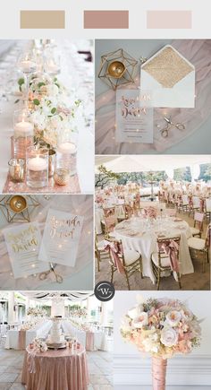 a collage of photos with pink and gold wedding decorations, flowers, candles and napkins