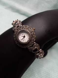 Sterling Silver Heart Watch Bracelet with Marcasite, Mother of Pearl, and Black Onyx Timeless Silver Heart Jewelry, Elegant Heart-shaped Watch As Gift, Elegant Heart-shaped Watch For Gift, Heart Watch, Nail Jewels, Watch Bracelet, Sterling Silver Heart, Wrist Watches, Silver Heart