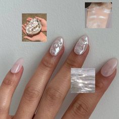 Pearl Nails 3d, Pearl Stone Nails, Chrome Seashell Nails, Wedding Guest Manicure, Pearl Shell Nails, 3d Pearl Nails, Irridecent Design Nails Short, Pearl Nails With Design, Silver Pearl Nails