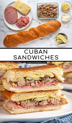 the cuban sandwich is cut in half and served on a plate with other food items