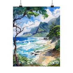 a painting of the ocean with mountains in the background and trees on the beach below