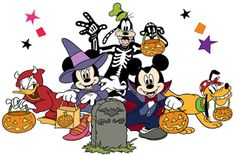 mickey mouse and friends in halloween costumes sitting on a tombstone with jack - o'- lanterns