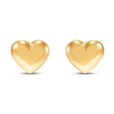 These cute children's earrings feature a heart-shaped stud design set in classic 14K yellow gold. The earrings safely secure with screw backs. Classic Heart Cut Earrings For Valentine's Day, Classic Valentine's Day Heart Cut Earrings, Classic Hypoallergenic Earrings For Valentine's Day, Yellow Gold Double Heart Earrings For Valentine's Day, Classic Heart Earrings For Valentine's Day, Classic Valentine's Day Heart Earrings, Mother's Day Yellow Gold Heart Earrings For Pierced Ears, Classic 14k Gold Heart Charm Earrings, Hypoallergenic Yellow Gold Heart Earrings