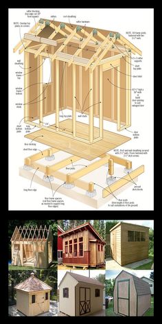 the plans for a small shed are shown in three different views, including one with windows and