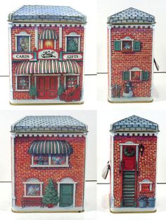 four different pictures of a store front with red doors and striped awnings on the windows