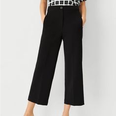 This Flattering Pant Features An Easy Fit Through The Thigh And A Fresh Kicky Silhouette. Front Zip With Button Closure. Vertical On-Seam Pockets. Back Besom Pockets. Leg Shape: Wide Leg A Modern Must-Have With A Statement Leg And Flattering High Waist Fabric & Care 64% Polyester, 34% Rayon, 2% Spandex Size 6 Tall; Fits More Like 8 Tall. Navy Blue. Ankle-length Business Casual Dress Pants With Buttons, Ankle-length Dress Pants With Buttons For Business Casual, Business Casual Summer Pants With Buttons, Summer Business Casual Pants With Buttons, Ankle-length Business Casual Pants With Buttons, Chic Workwear Bottoms With Button Cuffs, Wide Leg Bottoms With Button Closure For Work, Tailored Wide Leg Pants With Button Closure For Workwear, Tailored Bottoms With Button Cuffs For Office