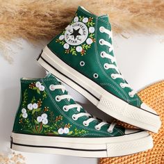 '' Custom Converse Chuck Taylor Flowers Embroidered Shoes Bride, Flowers Embroidered Shoes Wedding, Floral Embroidered Sneakers Custom, Gifts for Couple '' 🍀 Price includes Converse Shoes and Floral Embroidery Designs as shown 🍀 🍀 Shoe Type: Converse 1970s 🍀 Shoe color: 6. Green_1970s 1. DETAILS 🍀 You can send me your Converse, Vans, canvas shoes or I can buy them for you. Custom-ordered embroidered Vans and Converse shoes, please wait another 2-4 days. Each pair is hand embroidered to order, please make sure you put in the correct shoe size before you check out. The embroidery is meticulous and does not fade. 🍀 You will receive Vans and Converse shoes with floral embroidery designs as above. 2. PERSONAL EXPRESSION 🍀 Create your unique vibe by your own design of embroidery! In addit Floral Embroidery Shoes, Embroidered Shoes Converse, Embroidery Sneakers, Converse Embroidery, Embroidered Converse, Cute Converse, Converse Custom, Wedding Converse, Wedding Sneakers