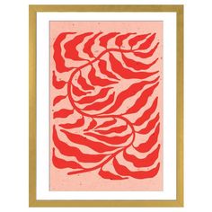 an orange and red print with wavy lines on it, in a wooden framed frame