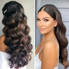 Make Up And Hair Ideas For Party, Hollywood Curls With Braid, Hollywood Waves Middle Part Slick, Slick Front Hollywood Waves, Hairstyles For One Strap Dress, Prom Hair Middle Part, Hair Inspo Long Hairstyles, Long Glam Hair, Vintage Wedding Look