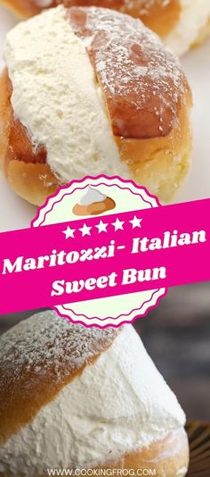 three italian sweet buns with white powdered sugar on top and pink ribbon around the edges