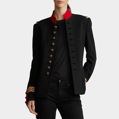 Ralph Lauren Collection "The Officer's Jacket" with signature brass-toned buttons Approx. 27" front body length; 24" back body length; 33" sleeve length (Size 8) Contrasting stand collar; hook-and-eye closure Long sleeves; three-button cuffs; contrast trim Padded shoulders; contrasting trim Princess seams at the back Slim fit Button-front Shell: Wool/spandex Lining: Silk Collar trim: Wool/nylon Dry clean. Made in Italy. Military Blazer, Ralph Lauren Womens Clothing, Ralph Lauren Denim, Ralph Lauren Purple Label, Ralph Lauren Collection, Denim And Supply, 1960s Fashion, Ralph Lauren Womens, Contrast Trim