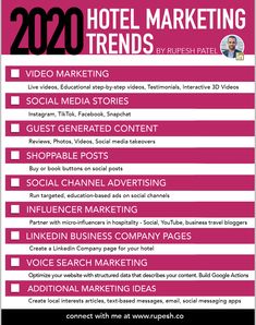 a pink and black poster with the words hotel marketing trend by rush patil