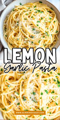 lemon garlic pasta in a white bowl with parmesan cheese