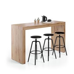 three stools and a table with two cups on it