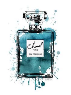 a bottle of chanel eau primies on a white background with blue splatters