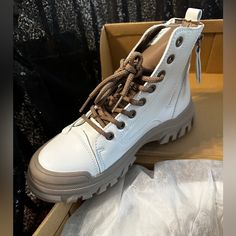 New Never Worn. Casual Cream Lace-up Boots, Trendy Cream Boots With Lug Sole, Casual Beige Synthetic Boots, Trendy Ankle-high Cream Boots, Casual Cream Boots With Lug Sole, Chic Cream High-top Boots, Casual Cream Ankle-high Boots, Casual Cream Closed Toe Boots, Shoes Lace