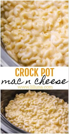 crock pot macaroni and cheese in a pan with text overlay that says crock pot macaroni and cheese