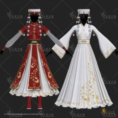 two women's dresses with red and white trimmings, one in gold