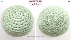 two crocheted balls sitting side by side on top of each other with the words acrylic yarn above them