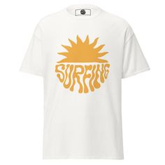 The sunny surfing design tee is made for the surf lovers who wants to wear a groovy hippy design tee. Inspired by the surfers hippy culture. The 100% cotton men's classic tee will help you land a more structured look. It sits nicely, maintains sharp lines around the edges, and goes perfectly with layered streetwear outfits. Plus, it's extra trendy now!   * 100% cotton  * Sport Grey is 90% cotton, 10% polyester  * Ash Grey is 99% cotton, 1% polyester  * Heather colors are 50% cotton, 50% polyeste Summer Surfing T-shirt, Summer Surfing Screen Print T-shirt, Casual Surfing T-shirt With Screen Print, Cotton Screen Print T-shirt For Surfing, Surf T Shirts, Graphic Tee T-shirt With Front Print For Surfing, Hippie Designs, Surf Tee, Hippie Culture