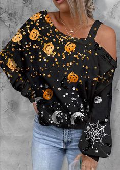 Item #: SCM006899_1 Package : 1 piece Clothing Length : Regular Material : Polyester Pattern Type : Pumpkin Pattern Type : Skull Sleeve Length : Full Sleeve Style : Cold Shoulder Style : Casual Pattern Type : Glitter Occasion : Halloween Season : Autumn/Winter Item Weight : 280.00 gram Skull Sleeve, Labu Halloween, Chic Halloween, Pumpkin Face, Estilo Chic, Halloween Black