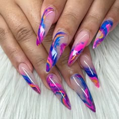 Gelx Apres Nail Designs Long, Colorful Almond Shaped Nails, Sculptured Nails Design, Colorful Abstract Nails, Short Coffin Shape Nails Designs, Purple Stiletto Nails Design, Carnival Nails Designs, Gelx Apres Nail Designs, Watercolor Nail Designs