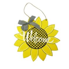 a sunflower ornament with the word hello on it's center and a gingham ribbon