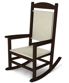 a wooden rocking chair with wicker seat and armrests on an isolated white background