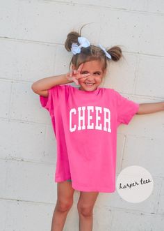 Yay, Comfort Colors Cheer Youth Shirt. Just what you have been looking for. Get this cheerleader shirt for the whole cheer squad.  Comfort Colors Youth Tee 100% combed ringspun cotton Light fabric Classic Fit ❤︎ CARE INSTRUCTIONS . We recommend machine wash cold, inside-out, on a gentle cycle with similar colors. . Tumble dry low, or dry flat for the longest life. . Cool Iron inside out only. Do not iron directly on or near design. . Do not dry clean. ❤︎ SHIPPING We usually ship in 2 to 3 days. Cheerleading Tshirts, Softball Tees, Cheerleading Shirts, Cheer Shirt, Cheer Tshirts, Softball Shirt, Pom Pom Girl, Cheer Squad, Retro Era