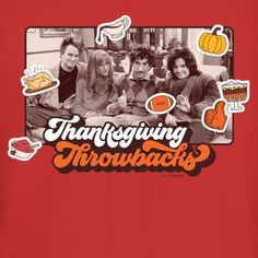 a red t - shirt with the words thanksgiving throwbacks on it