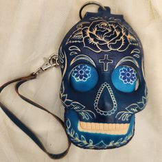 * Dim Appx: 5.5" L X 3-3/4" W X 1.5" D. * Genuine Leather With Zip Closure And Strap. * Handcrafted, Unique With Excellent Workmanship. * Perfect Size For Credit Card And Other Small Items For Travel. Skull Hand, Leather Coin Purse, Small Items, Coin Purse, Hand Crafted, Credit Card, Coin, Genuine Leather, Color Blue