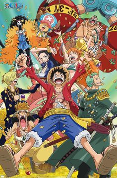 one piece anime poster with all the main characters and their names in english or japanese