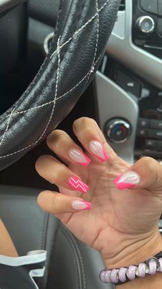 Simple Summer Nails Almond Pink, Hot Pink Country Nails, Short Coffin Shape Nails Summer, Nashville Nails Ideas Spring, Medium Almond Nails Designs Summer, Nails With Lightning Bolt, Wallen Nails, Pink Concert Nails, Nails Coral Pink