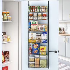 an open pantry door with food items on it