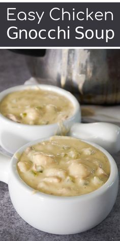 two white bowls filled with chicken gnocchini soup on top of a counter